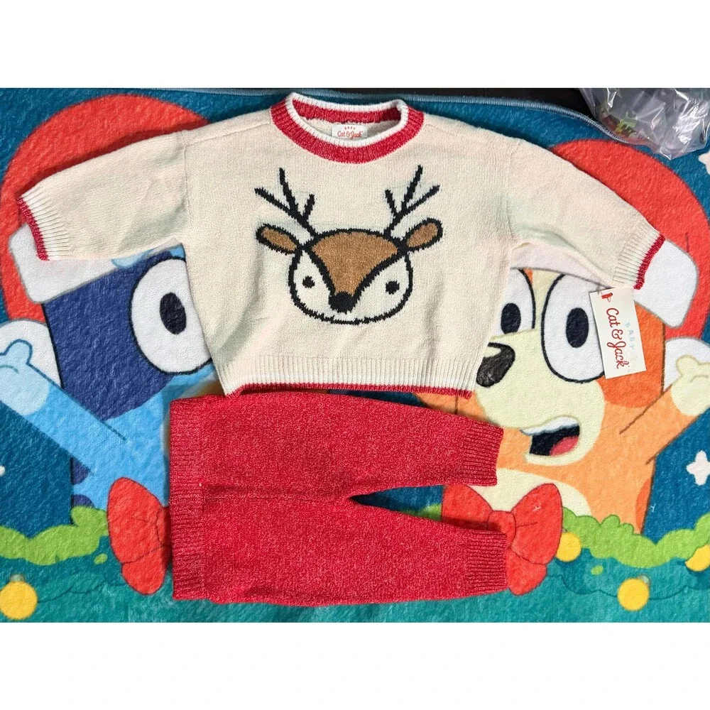 Infant Boys and Girls Red and Tan Sweater Pants Christmas Outfit NB 94549